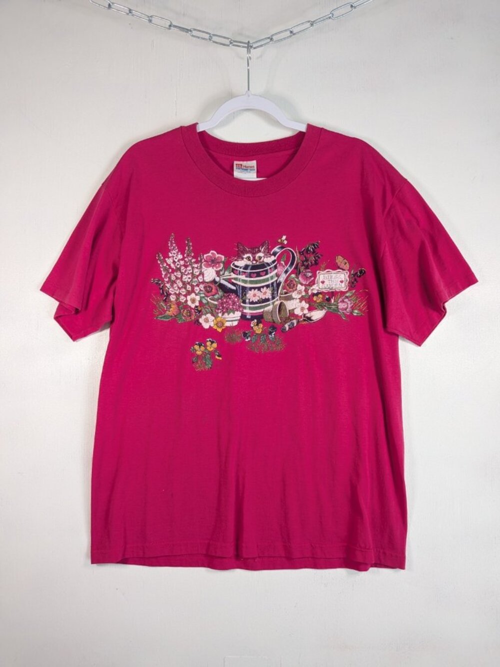 Vintage 90s Bless This Garden Cat Watering Can Graphic Tee Hanes L Grandmacore